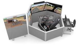 A rendering of the 5DT advanced trucking simulator showing classroom screen (left), simulator base system [SimBASE] with simulated cab [SimCAB] (middle), visual display system (top-middle) and instructor station (right). The SimCAB is positioned on top of a motion base.