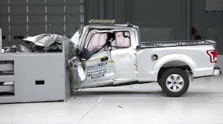 The group said its &ldquo;overlap front test&rdquo; replicates what happens when a vehicle runs off the road and hits a tree or pole or clips another vehicle that crosses the center line of a roadway. (Photo courtesy of IIHS)