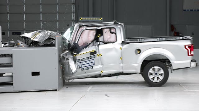 The group said its &ldquo;overlap front test&rdquo; replicates what happens when a vehicle runs off the road and hits a tree or pole or clips another vehicle that crosses the center line of a roadway. (Photo courtesy of IIHS)