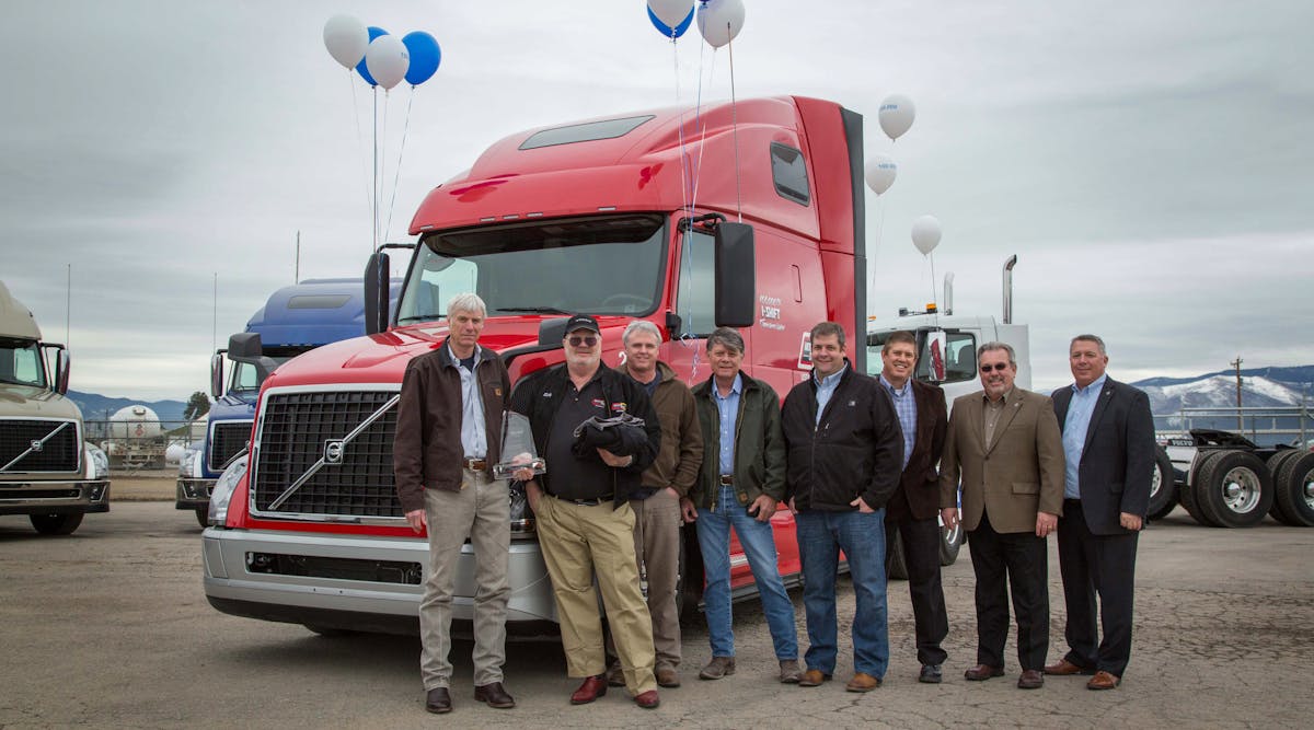 Volvo Trucks North America delivered the 100,000th truck equipped with its I-Shift automated manual transmission to Watkins &amp; Shepard Trucking. The truck was presented to Watkins &amp; Shepard President Walt Ainsworth during a brief reception. From left to right: Walt Ainsworth, Rick Candler, Kelly Darlington, Dwayne Hill and Rich Schenk of Watkins &amp; Shepard; Brad Bealer of Transport Equipment; Jeff Denny and Bruce Kurtt of Volvo Trucks.
