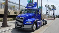 First diesel electric hybrid built by the Volvo Group North America for the new California zero-emissions drayage truck demonstration project. Kenworth, Peterbilt and BYD Motors will also participate in the program.