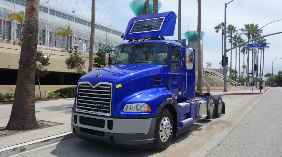 First diesel electric hybrid built by the Volvo Group North America for the new California zero-emissions drayage truck demonstration project. Kenworth, Peterbilt and BYD Motors will also participate in the program.
