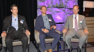 Left to right: Mike Ball, CIO and vice president with TL carrier Werner Enterprises; Travis Rhyan, CEO and president of 10-4 Systems; and Kenneth Ehrman, CEO, president and chairman of I.D. Systems Inc. (Photo by Sean Kilcarr/Fleet Owner)