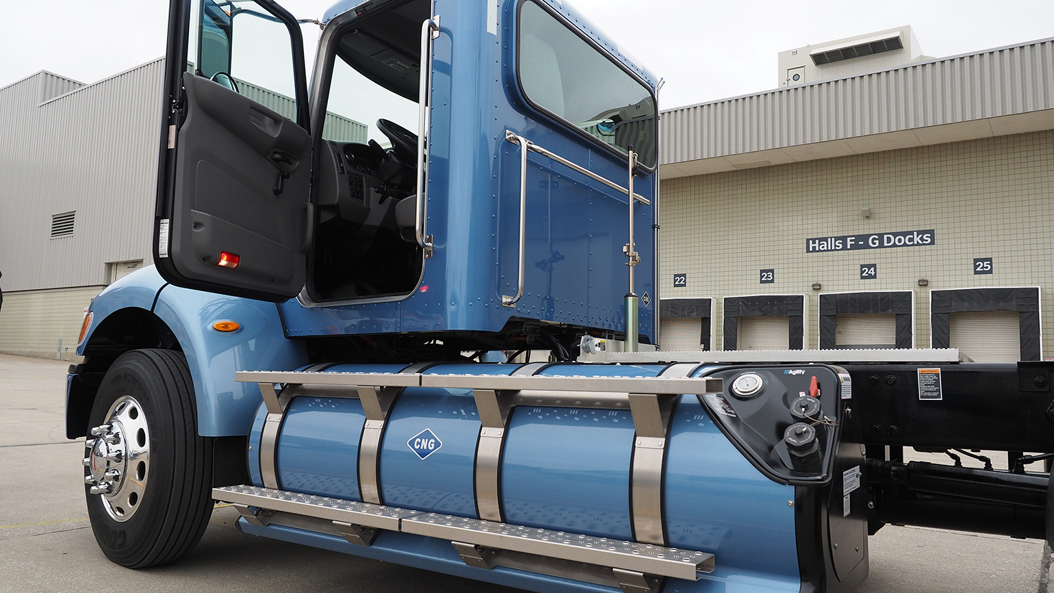 A Peterbilt day cab equipped to run on compressed natural gas CNG