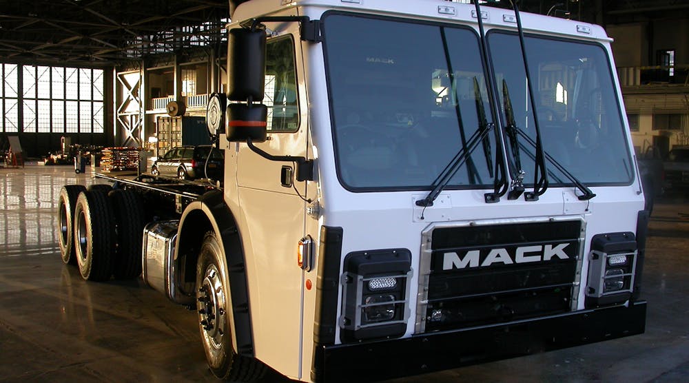 Mack is showcasing an LR model refuse truck retrofitted with Wrightspeed&apos;s The Route 1000 electric powertrain at WasteExpo 2016. Mack&apos;s LR low-entry cabover was introduced at WasteExpo last year.