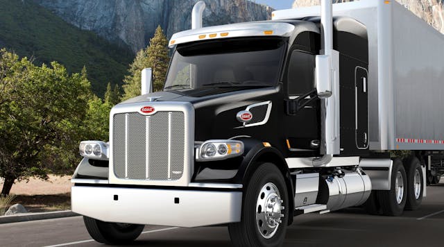 Special Heritage badging, uniquely numbered and mounted to the grille and sleeper when applicable will be available for the first production Heritage units, the OEM said. (Photo courtesy of Peterbilt)