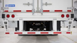 The new rear underride guard design includes two additional bolt-on vertical supports on the outer ends of the horizontal bar. (Photo courtesy of Stoughton Trailers)