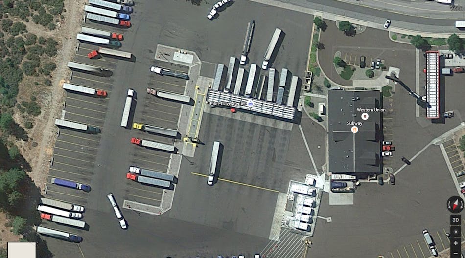 Trucks parked at the Pilot Travel Center in Weed, CA. The town has also opened its free, city-built parking lots to truck drivers in need of parking.
