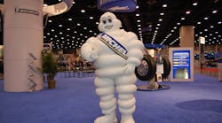 Bibendum, more commonly known as the &apos;Michelin Man,&apos; is the symbol of the Michelin tire company. Introduced at the Lyon Exhibition of 1894, Bibendum is one of the world&apos;s oldest trademarks. (Photo by Sean Kilcarr/Fleet Owner)
