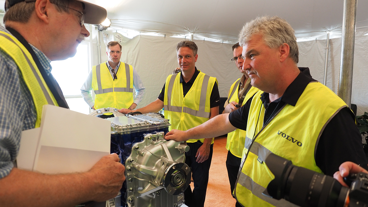 VTNA39s John Moore right Wade Long center and John Mies to left show off a new Volvo IShift transmission with Crawler gear to reporters Tuesday June 28 in Shippensburg PA