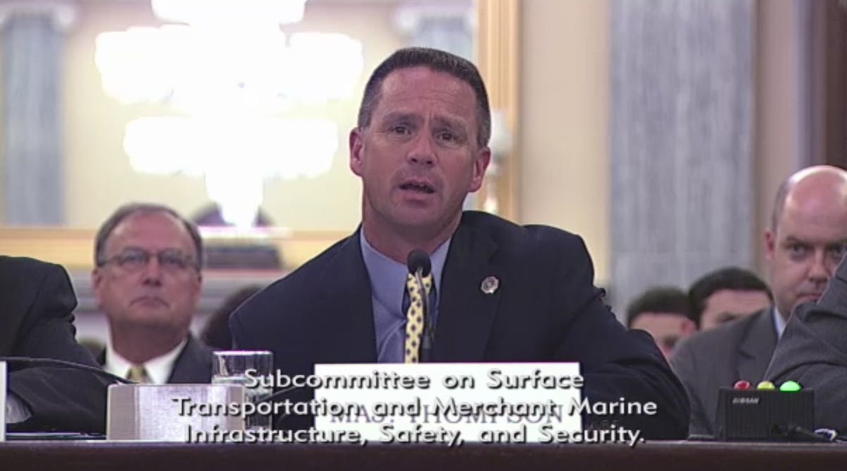 Major Jay Thompson of the Arkansas Highway Police, current president of the Commercial Vehicle Safety Alliance, testifies before a Senate Commerce subcommittee on implementing the trucking provisions in the FAST Act.