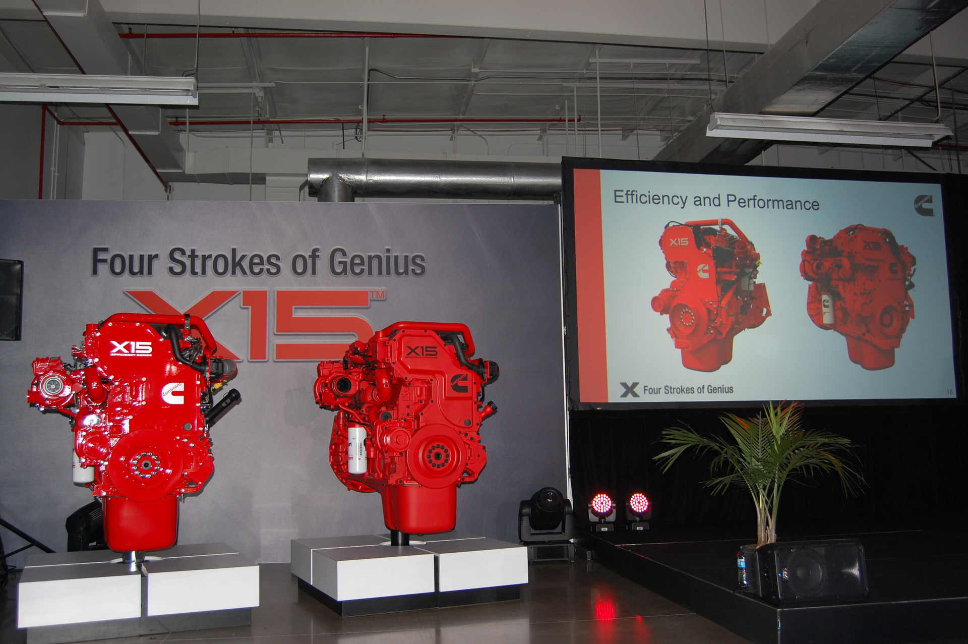 The new 2017compliant Cummins X15 efficiency series far left and X15 performance series engines on display at the TRC Photo by Sean KilcarrFleet Owner