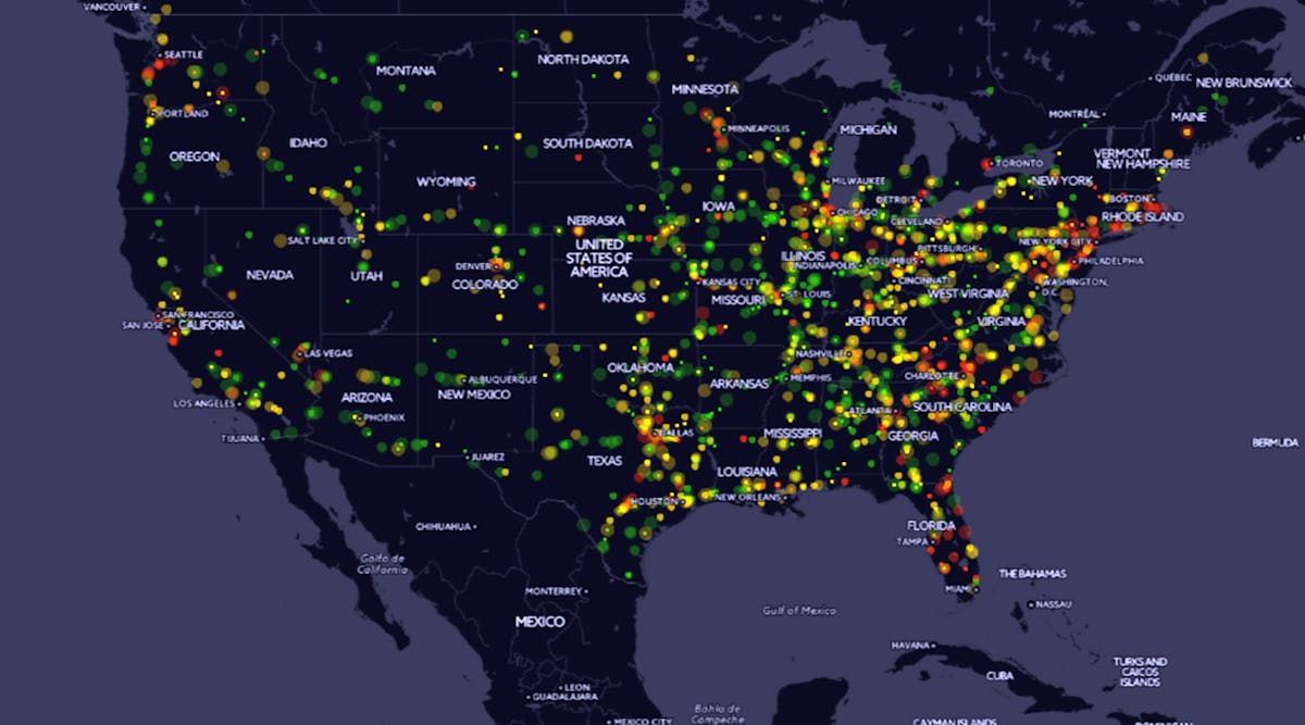 The large community of Trucker Path parking and planning app users continuously reports things like parking availability and reviews of truck stops, among other info, providing a look at what&apos;s going on across North America. This graphic illustrates parking availability reported at over 27,000 locations for one particular evening hour in mid-July.