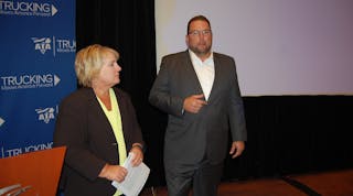 ATRI&apos;s Rebecca Brewster (left) and Werner&apos;s Derek Leathers discuss the annual &apos;top ten&apos; list of trucking industry concerns for 2016.