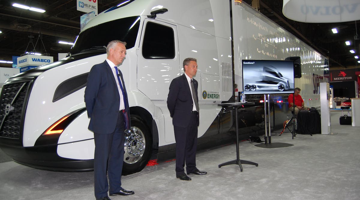 VTNA&apos;s Nyberg (at left) and Long (right) made their presentations while in front of Volvo&apos;s Super Truck concept vehicle. (Photo by Sean Kilcarr/Fleet Owner)