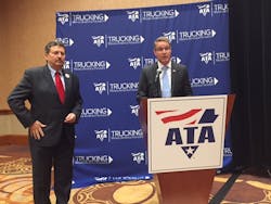 Kevin Burch at left is ATA39s incoming chairman At right standing at the podium is Chris Spear ATA39s new president and CEO Photo by Sean KilcarrFleet Owner Kevin Burch at left is ATA39s incoming chairman At right standing at the podium is Chris Spear ATA39s new president and CEO Photo by Sean KilcarrFleet Owner