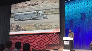 How will autonomous vehicle technology earn its keep? In addition to safety benefits, OTTO founder Anthony Levandowski envisions a future where highway tractors will be built without cabs, noting that 30-40% of the cost of a truck is related to driver comfort. In turn, these smaller, lighter vehicles would allow for greater payloads and 24/7/365 operating capability. (Photo: Sean Kilcarr/Fleet Owner)