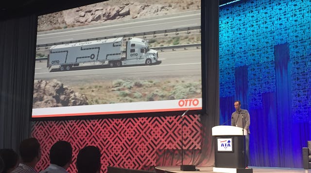 How will autonomous vehicle technology earn its keep? In addition to safety benefits, OTTO founder Anthony Levandowski envisions a future where highway tractors will be built without cabs, noting that 30-40% of the cost of a truck is related to driver comfort. In turn, these smaller, lighter vehicles would allow for greater payloads and 24/7/365 operating capability. (Photo: Sean Kilcarr/Fleet Owner)