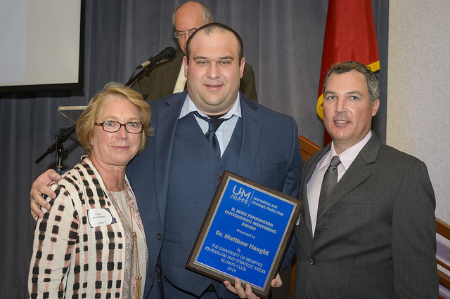 From left Patsy Pennington poses with Mike Pennington Award recipient Dr Matthew J Haught journalism professor at the University of Memphis and Dave Giroux Head of Corporate Communications amp Public Relations for Daimler Trucks North America one of the many professionals Mike Pennington mentored during his career