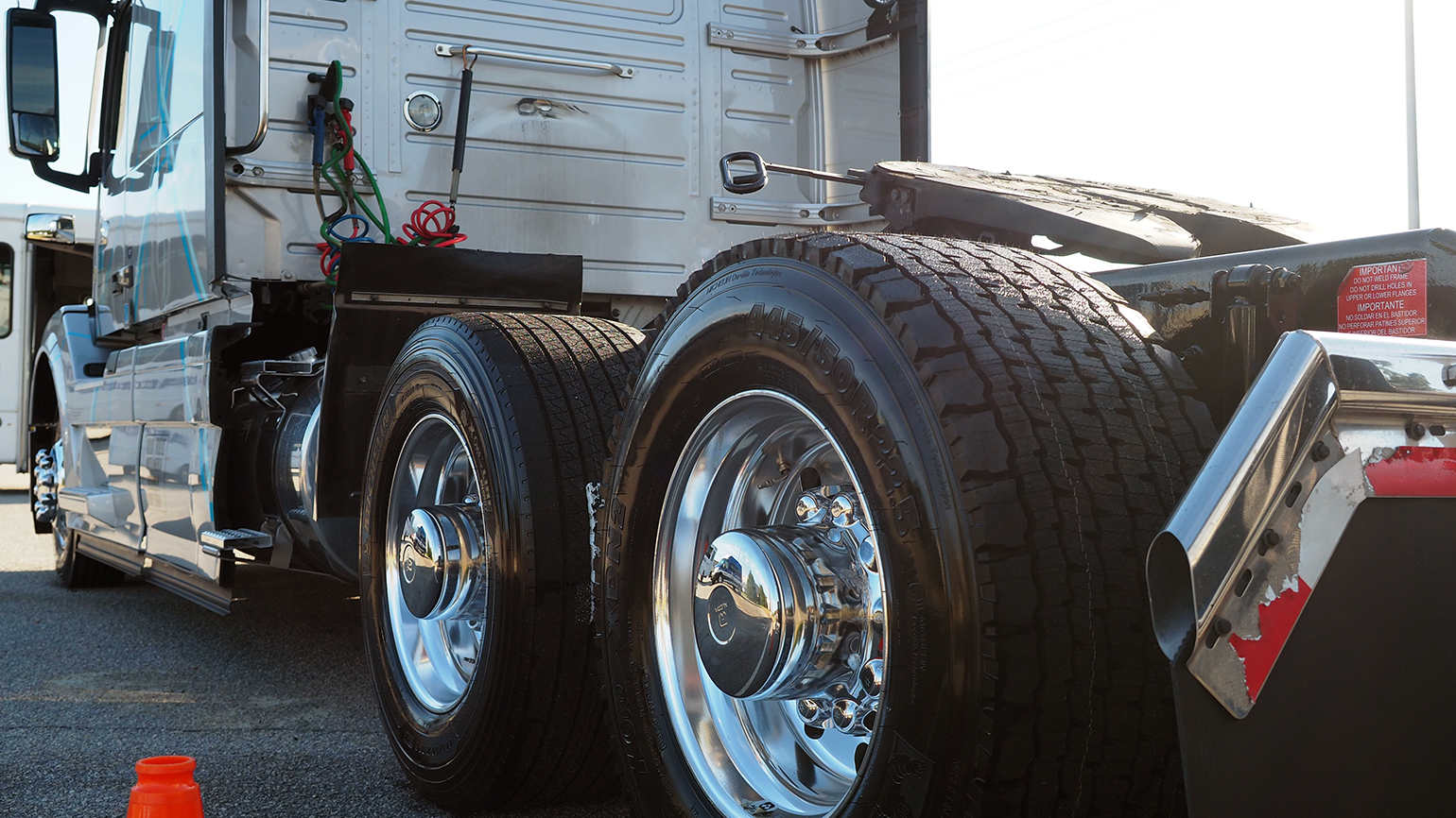 This quotPower of Volvoquot VNL tractor at the Volvo Trucks Safety Symposium is wearing shiny new Michelin X One super singles on Alcoa wheels