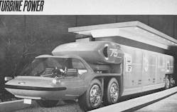 From our Nov. 1964 issue is this photo of General Motors&apos; Bison heavy truck concept. No, that&apos;s not a sleeper space behind the cab, it&apos;s a pod designed to house two turbine engines producing a total of 1,000 hp.!