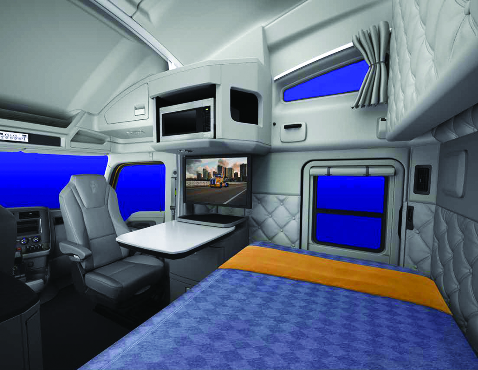 Kenworth says optional cab features in its T680 like a 180degree swiveling passenger seat and swiveling table can help make a difference in attracting drivers