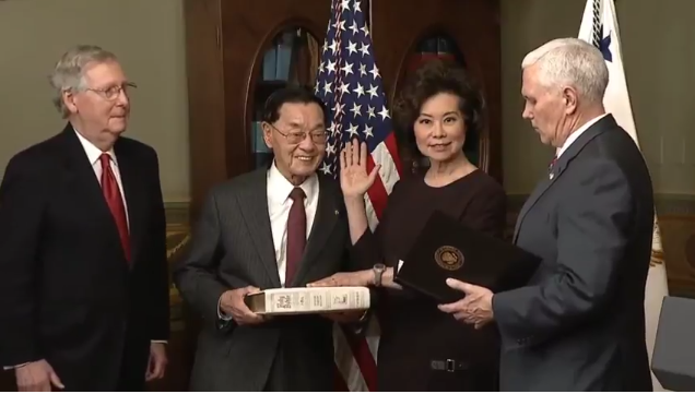 Chao joined by her husband Senate Majority Leader Mitch McConnell RKY and other family members was sworn in Tuesday evening by Vice President Mike Pence