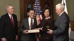 Chao, joined by her husband, Senate Majority Leader Mitch McConnell (R-KY), and other family members, was sworn in Tuesday evening by Vice President Mike Pence.