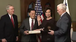Chao joined by her husband Senate Majority Leader Mitch McConnell RKY and other family members was sworn in Tuesday evening by Vice President Mike Pence
