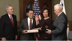 Chao joined by her husband Senate Majority Leader Mitch McConnell RKY and other family members was sworn in Tuesday evening by Vice President Mike Pence Chao joined by her husband Senate Majority Leader Mitch McConnell RKY and other family members was sworn in Tuesday evening by Vice President Mike Pence