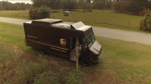 UPS tests delivery drone from atop a UPS package car. Workhorse Group built the drone and the electric car used in the test. UPS tests delivery drone from atop a UPS package car. Workhorse Group built the drone and the electric car used in the test.
