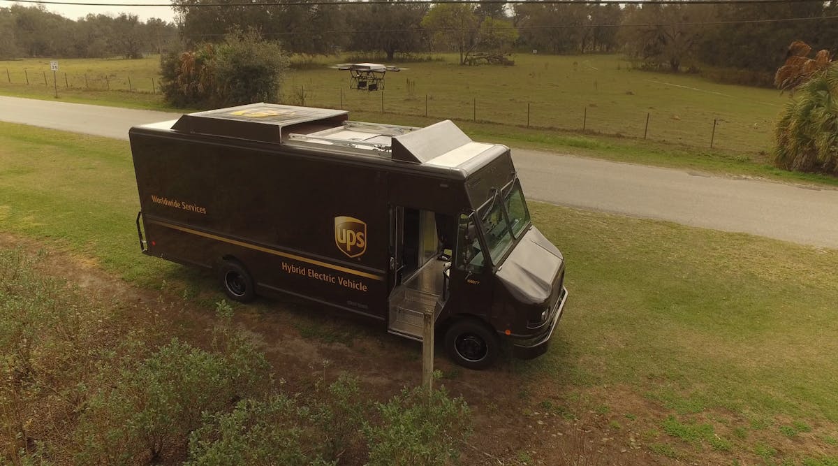 UPS tests delivery drone from atop a UPS package car. Workhorse Group built the drone and the electric car used in the test.