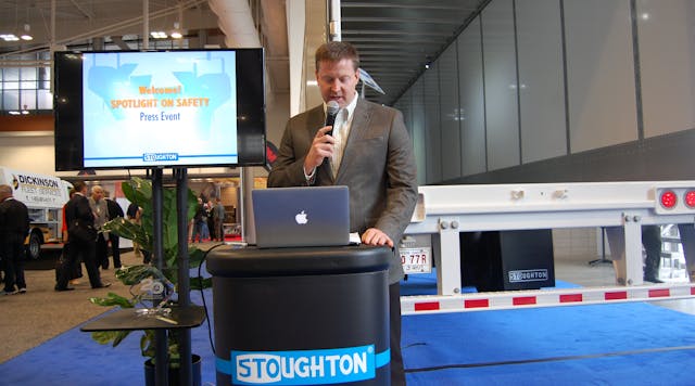 Stoughton&apos;s President and CEO Bob Wahlin kicking off the trailer maker&apos;s press event at TMC. (Photo by Sean Kilcarr for Fleet Owner)