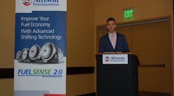 Allison&apos;s Ryan Milburn said FuelSense 2.0 can save between $300 and $900 worth of fuel per truck depending on duty cycle and annual mileage. (Photo by Sean Kilcarr for Fleet Owner)