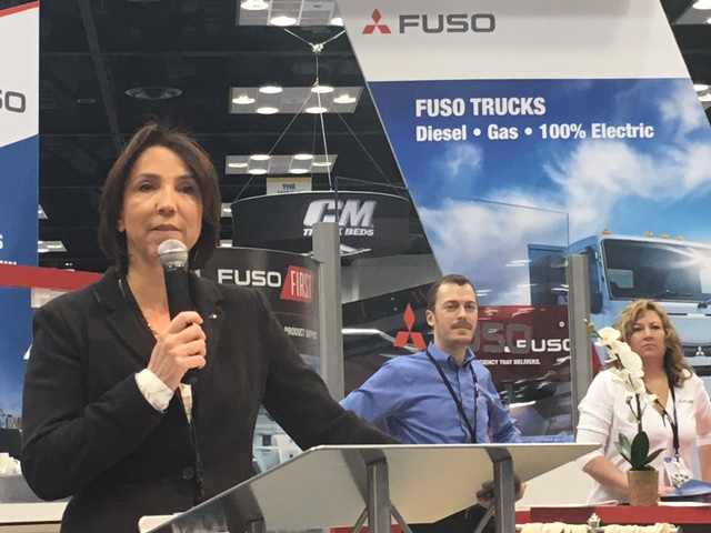Jecka Glasman Fusorsquos president and CEO addresses the media during the unveiling of Fuso39s eCanter allelectric truck at the 2017 NTEA Work Truck Show