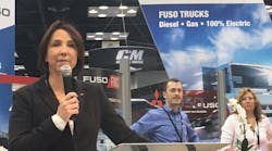 Jecka Glasman, Fuso&rsquo;s president and CEO, addresses the media during the unveiling of Fuso&apos;s eCanter all-electric truck at the 2017 NTEA Work Truck Show.