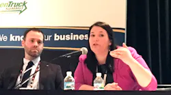 Amy Dobrikova president of Intelligent Fleet Solutions provides tips on how fleets can recruit and retain millennials during a special session at the 2017 NTEA Work Truck Show Fellow panelist Andrew Dawson marketing and advertising manager at Muncie Power Products listens on Photo by Cristina Commendatore for Fleet Owner