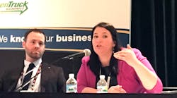 Amy Dobrikova, president of Intelligent Fleet Solutions, provides tips on how fleets can recruit and retain millennials during a special session at the 2017 NTEA Work Truck Show. Fellow panelist Andrew Dawson, marketing and advertising manager at Muncie Power Products, listens on. (Photo by Cristina Commendatore for Fleet Owner)