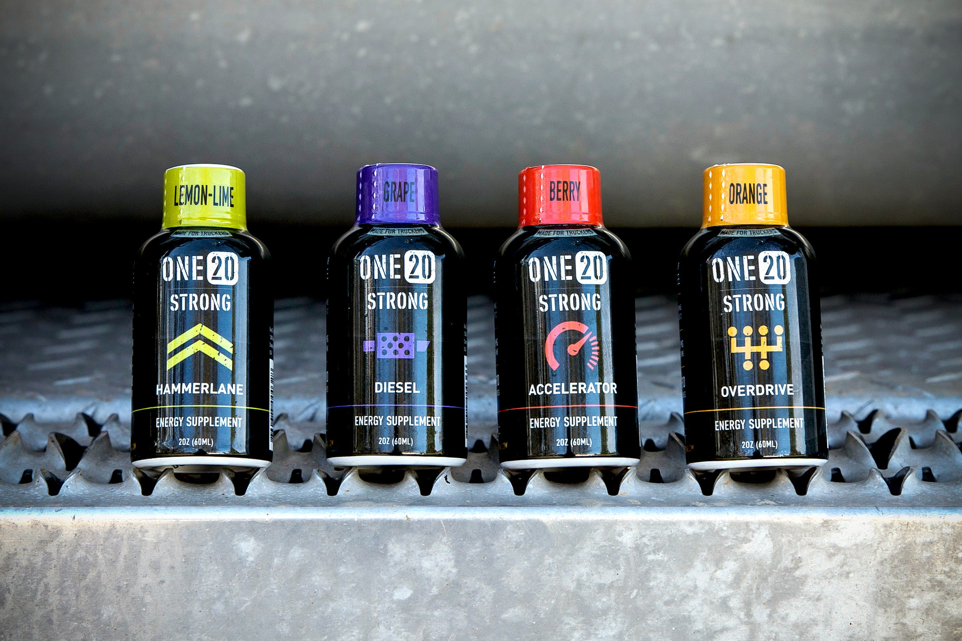 Sister company ONE20 Strong is launching a suite of energy shots specifically for truckers with quottrucking themedquot names such as Overdrive Orange Accelerator Berry Diesel Grape and Hammerlane Lemonlime Photo courtesy of ONE20
