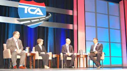 Newlyelected TCA Chairman Rob Penner far right who is also president and CEO of Bison Transportaed moderates a panel discussion on autonomous trucks Photo by Sean Kilcarr for Fleet Owner
