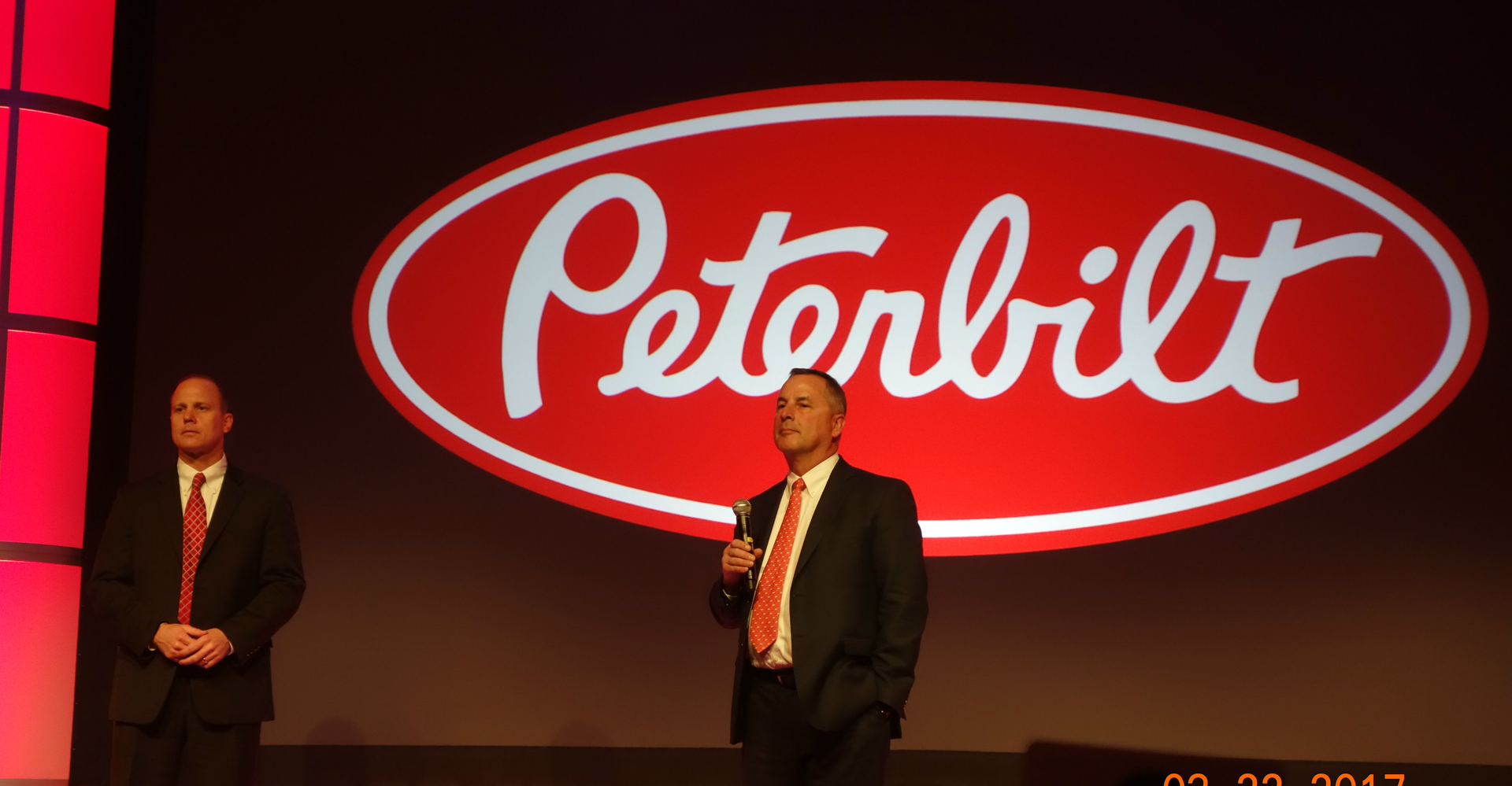 Peterbilt chief engineer Scott Newhouse L and general manager Kyle Quinn introduce 2018 model year improvements at the Mid America Trucking Show