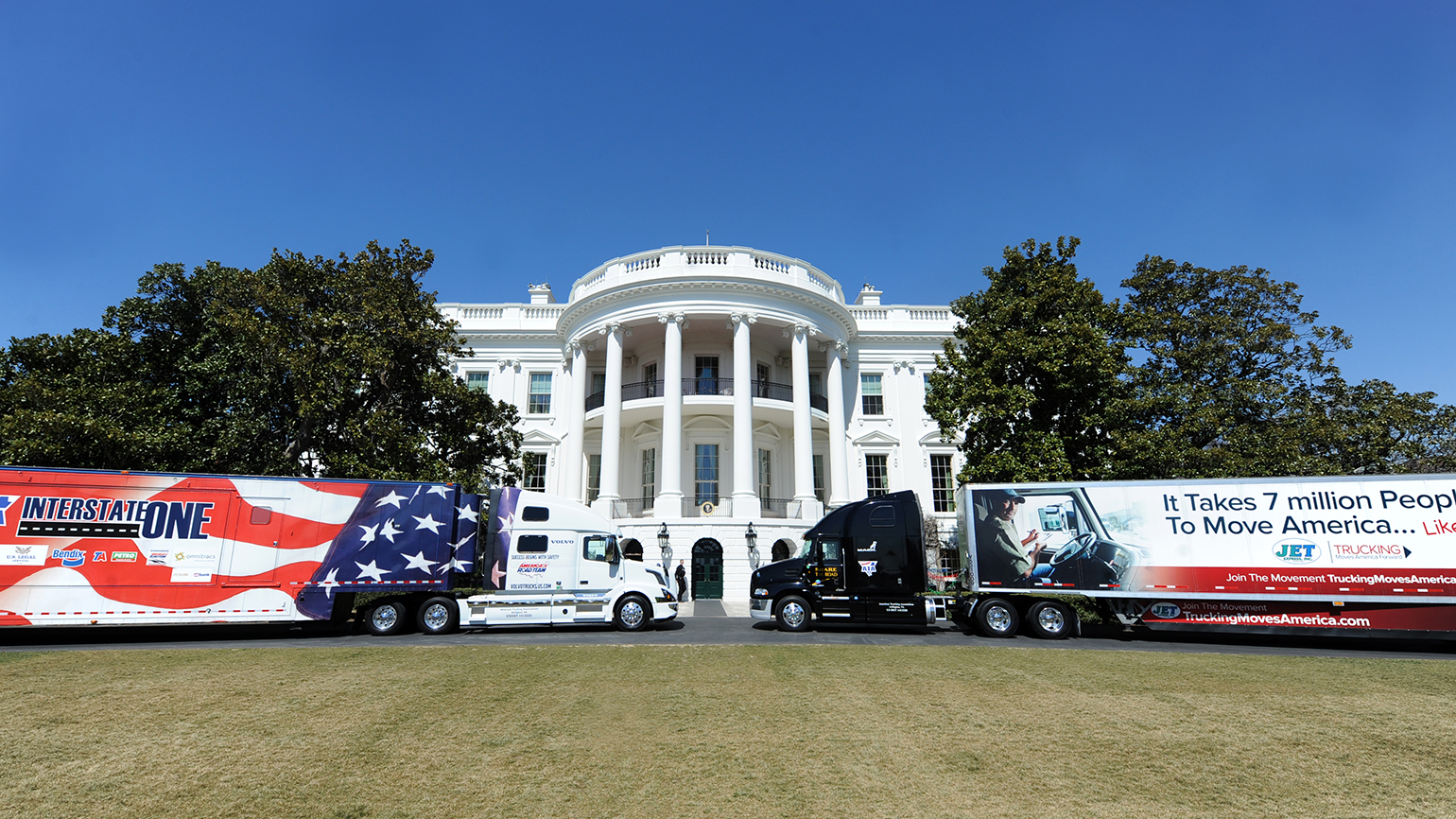 The American Trucking Assns brought two trucks to its visit with President Trump at the White House last week One39s trailer featured an American flag while the other carried a message from the Trucking Moves America Forward program meant to emphasize the importance of trucking and truck drivers to the US economy and everyday life
