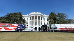The American Trucking Assns. brought two trucks to its visit with President Trump at the White House last week. One&apos;s trailer featured an American flag, while the other carried a message from the Trucking Moves America Forward program meant to emphasize the importance of trucking and truck drivers to the U.S. economy and everyday life.