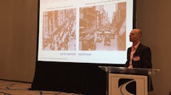 Tim Proctor shows two NYC snapshots side by side to illustrate how fast automobiles replaced horses as the major means of transportation at the start fo the 20th century. (Photo by Sean Kilcarr for Fleet Owner)