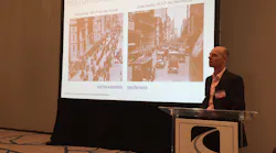 Tim Proctor shows two NYC snapshots side by side to illustrate how fast automobiles replaced horses as the major means of transportation at the start fo the 20th century Photo by Sean Kilcarr for Fleet Owner