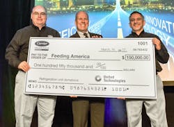 Tom Ondo left vice president amp general manager Americas TruckTrailerRail and Jon Shaw right director Global Communications amp Sustainability Carrier Transicold amp Refrigeration Systems present a 150000 check to Bill Thomas chief supply chain officer Feeding America for the donation and installation of transport refrigeration units to seven Feeding America member food banks across the US Tom Ondo left vice president amp general manager Americas TruckTrailerRail and Jon Shaw right director Global Communications amp Sustainability Carrier Transicold amp Refrigeration Systems present a 150000 check to Bill Thomas chief supply chain officer Feeding America for the donation and installation of transport refrigeration units to seven Feeding America member food banks across the US