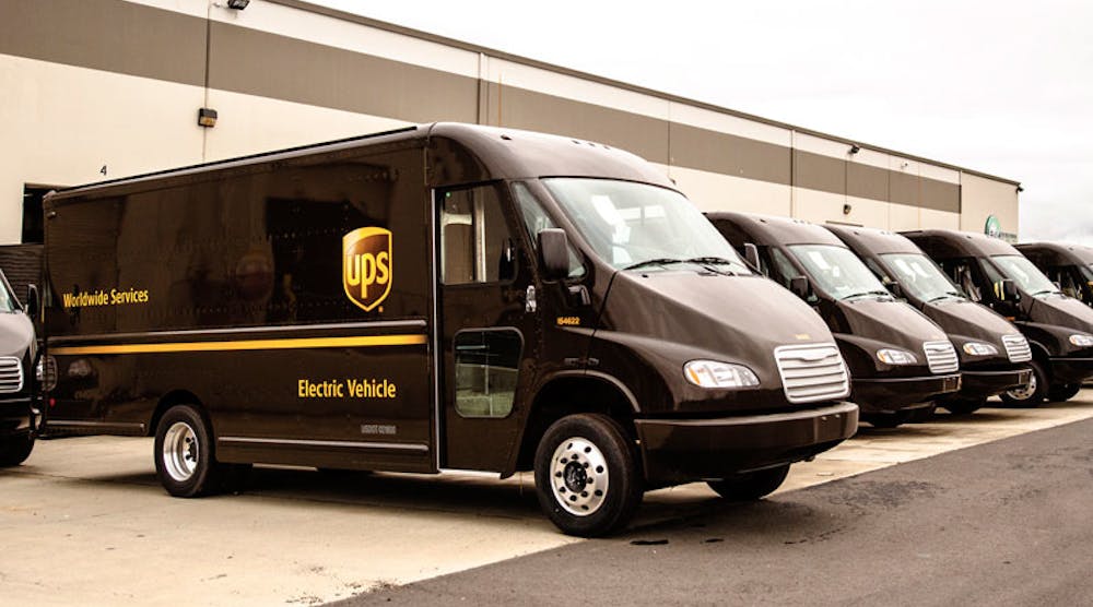 Some of the 100 all-electric EVI delivery vans UPS is deploying in California. Big Brown plans to begin using package beacons in 301 U.S. locations this year. (Photo courtesy of the California Clean Energy)