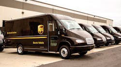 Some of the 100 all-electric EVI delivery vans UPS is deploying in California. Big Brown plans to begin using package beacons in 301 U.S. locations this year. (Photo courtesy of the California Clean Energy)