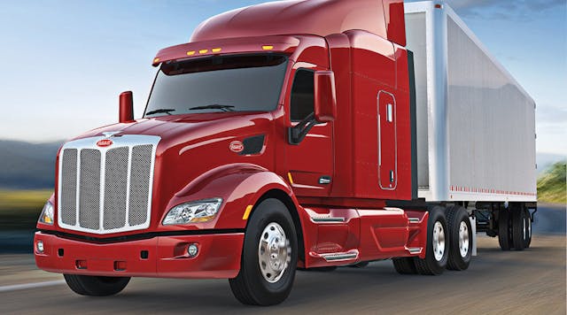 Bendix&rsquo;s SmarTire Tire Pressure Monitoring System (TPMS) has also been available as a factory-installed option on Peterbilt Class 8 tractors since 2014, and the Bendix ADB22X air disc brake has been standard equipment on Peterbilt Class 8 steer axles since 2012. (Photo courtesy of Peterbilt Motors Co.)