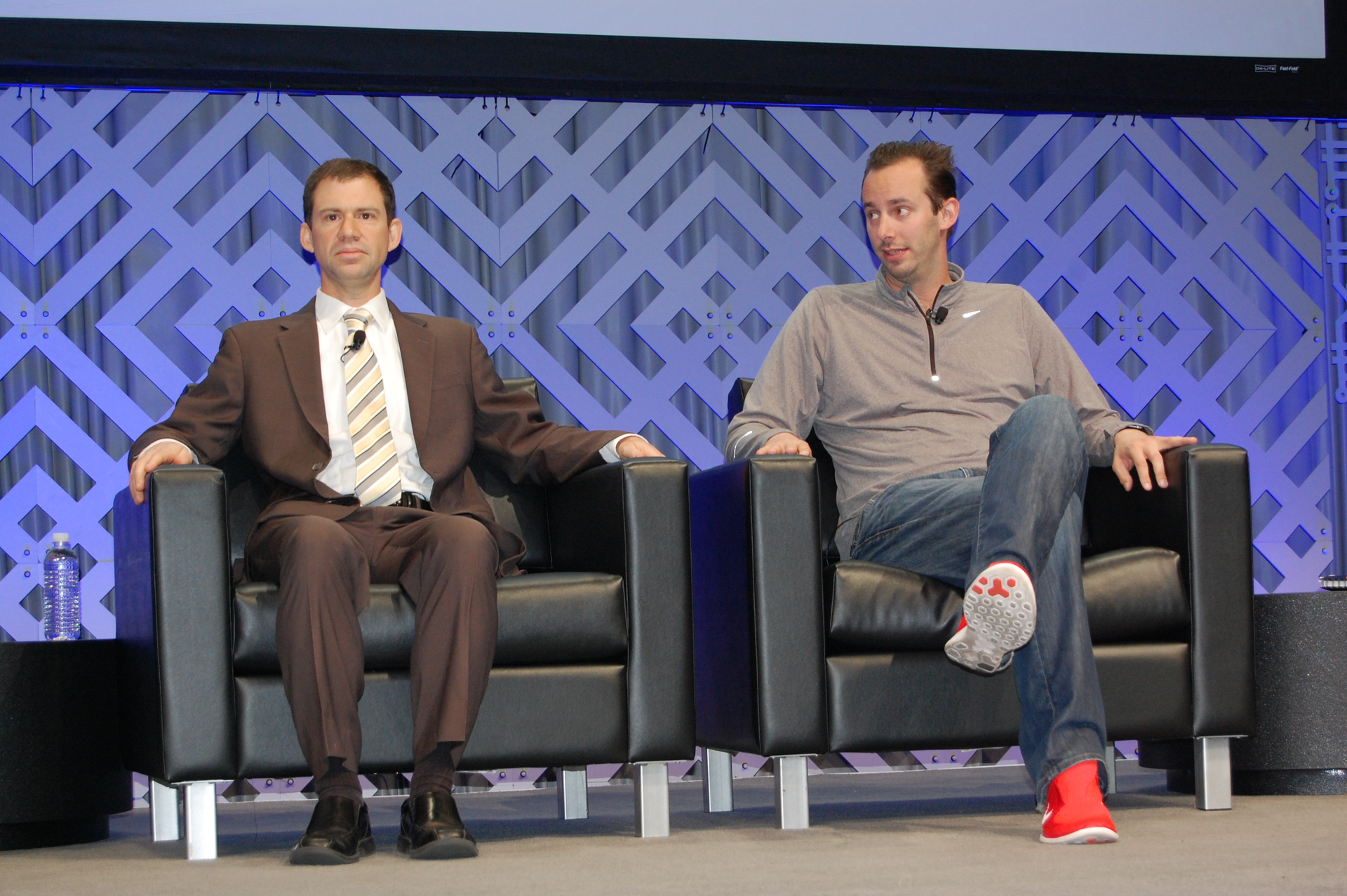 Anthony Levandowski at right with Sean Waters director of compliance and regulatory affairs for Daimler Trucks North America during a panel presentation at the American Trucking Associations ATA annual convention last year Photo by Sean KilcarrFleet Owner